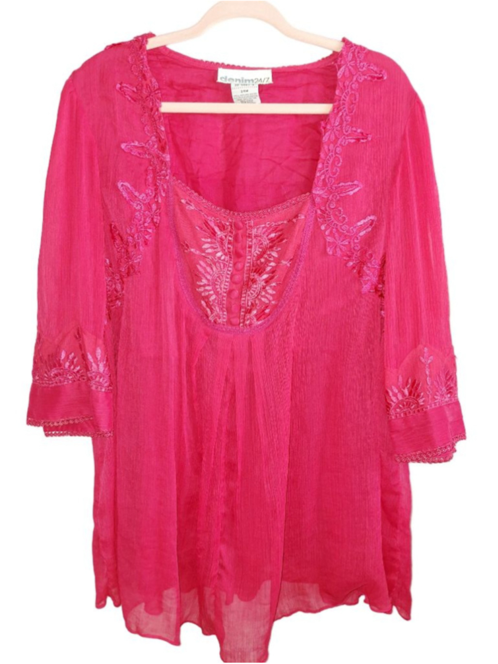 Vintage Y2K denim24/7 Pink Tunic Top Plus Size 24W cottage core lace feminine
